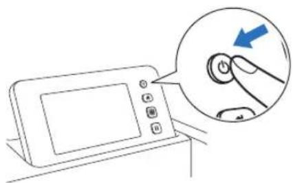 Line drawing of a device with a button and a magnified inset showing the right-hand rule (no text or symbols)