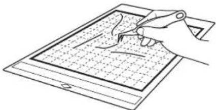 Line drawing of a hand using a pen to draw grid lines on a tablet device (no text or symbols)