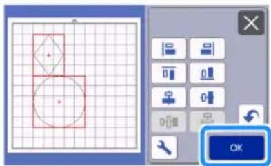 Screenshot of a software interface showing a grid with geometric shapes and a control panel with an 'OK' button.