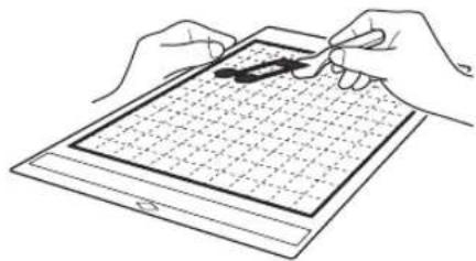 Line drawing of two hands holding a tablet with a grid pattern (no text or symbols)