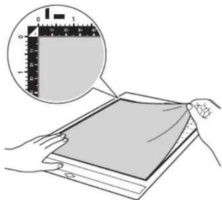 Illustration showing a hand holding a folded sheet of paper with a ruler and magnified view of the paper's edge detail.
