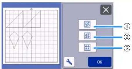 Screenshot of a graphic design software interface showing a grid with selection shapes and three labeled buttons (①, ②, ③) pointing to icons.