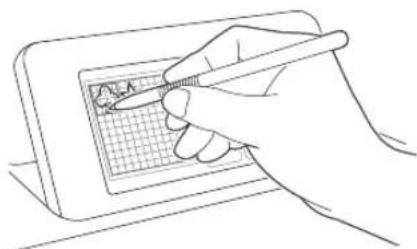 Line drawing of a hand using a stylus to write on a grid-patterned device (no text or symbols)