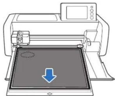 Line drawing of a printer with a digital display showing a blue downward arrow (no text or symbols)