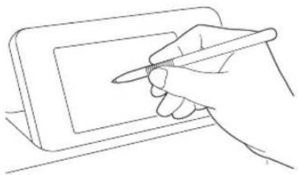 Line drawing of a hand holding a pen writing on a digital tablet (no text or symbols present)