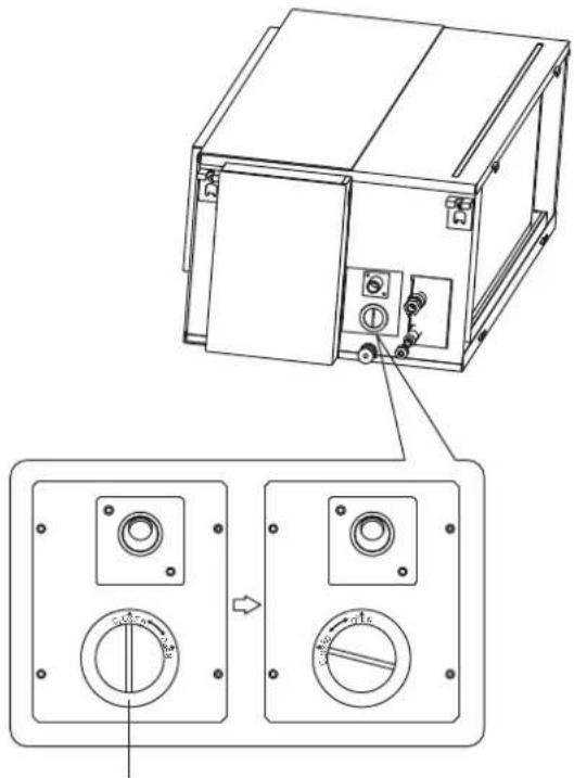 Technical diagram showing a device with labeled components and two side-view gauges for measurement or control.