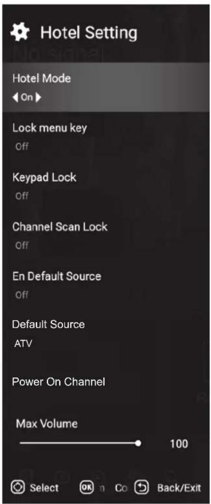 Hotel Setting Hotel Mode On Lock menu key Off Keypad Lock Off Channel Scan Lock Off En Default Source Off Default Source ATV Power On Channel Max Volume 100 Select OK n Co Back/Exit