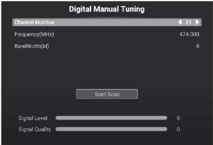 Digital Manual Tuning Channel Number 21 Frequency(MHz) 474.000 BandWidth(M) 8 Start Scan Signal Level 0 Signal Quality 0