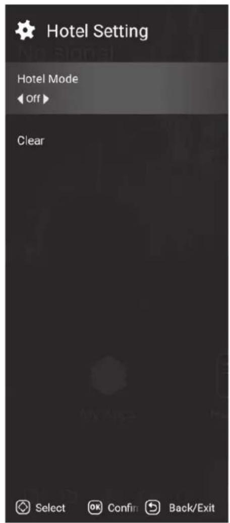 Hotel Setting Hotel Mode ◀ Off ▶ Clear Select OK Confirm Back/Exit