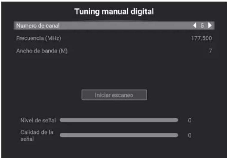 Tuning manual digital Numero de canal Frecuencia (MHz) 177.500 Ancho de banda (M) 7 Iniciar escaneo Nivel de señal 0 Calidad de la señal 0