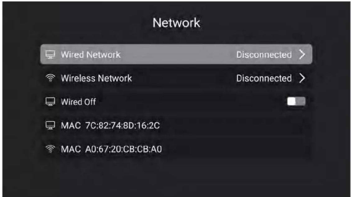 Network Wired Network Disconnected > Wireless Network Disconnected > Wired Off MAC 7C:82:74:8D:16:2C MAC A0:67:20:CB:CB:A0