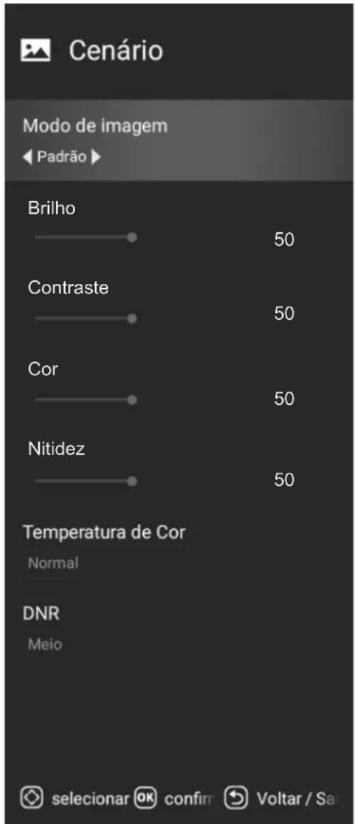 Cenário Modo de imagem ◀ Padrão ▶ Brilho 50 Contraste 50 Cor 50 Nitidez 50 Temperatura de Cor Normal DNR Meio selecionar OK confirr Voltar / Sa