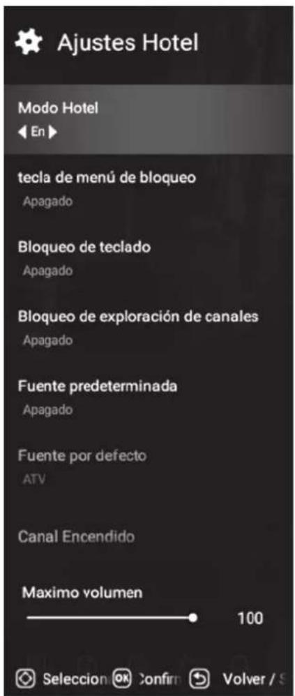 Ajustes Hotel Modo Hotel ◀ En ▶ tecla de menú de bloqueo Apagado Bloqueo de teclado Apagado Bloqueo de exploración de canales Apagado Fuente predeterminada Apagado Fuente por defecto ATV Canal Encendido Maximo volumen 100 Seleccion OK Confirm Volver / S