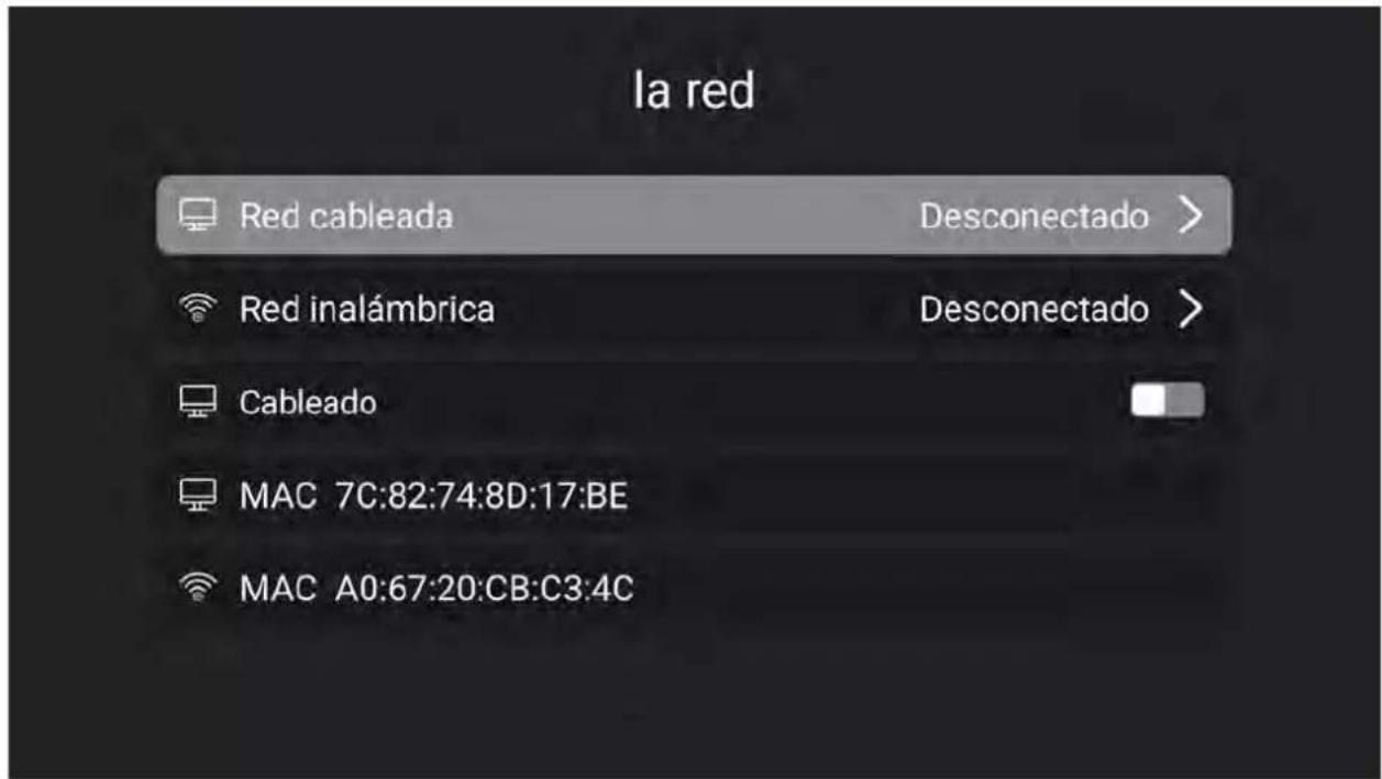 la red Red cableada Desconectado > Red inalámbrica Desconectado > Cableado MAC 7C:82:74:8D:17:BE MAC A0:67:20:CB:C3:4C