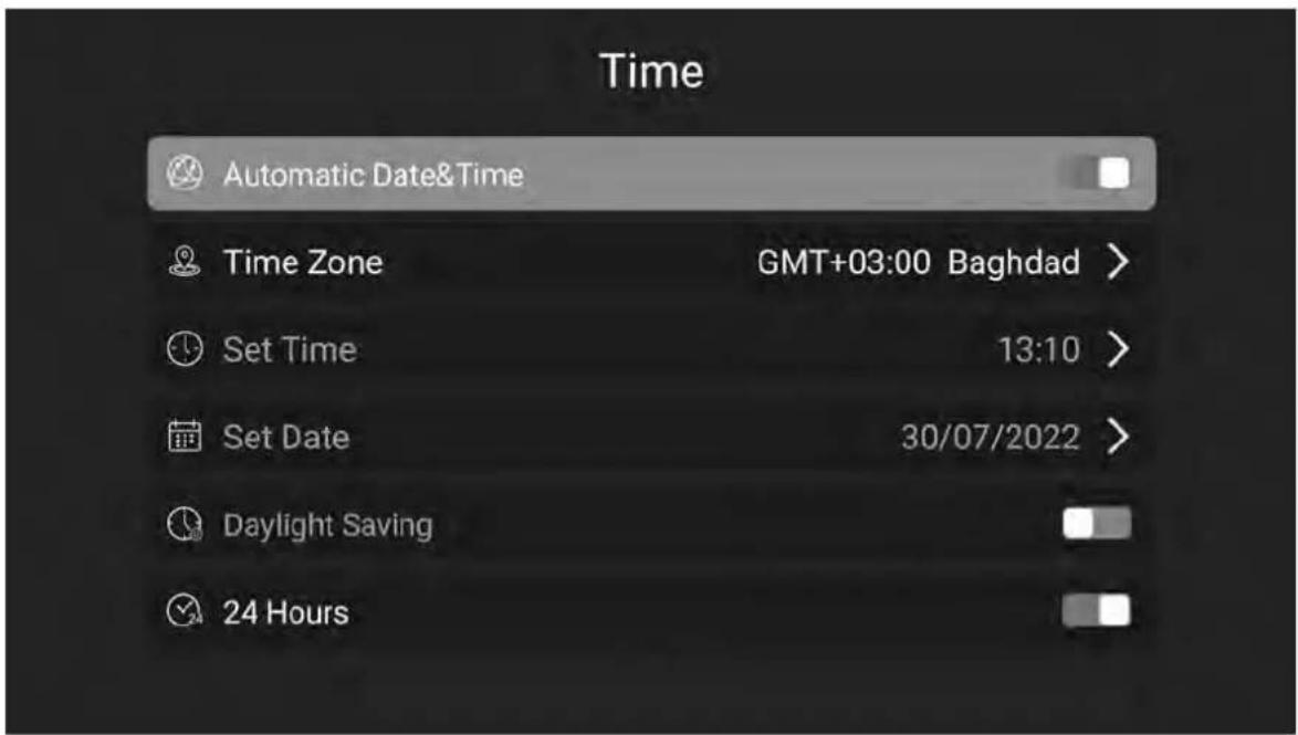 Time Automatic Date&Time Time Zone GMT+03:00 Baghdad > Set Time 13:10 > Set Date 30/07/2022 > Daylight Saving 24 Hours