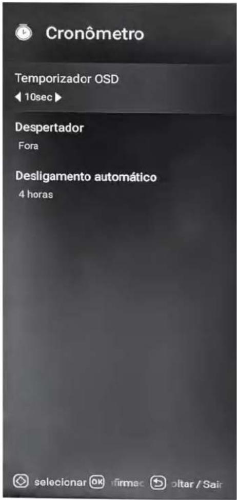 Cronômetro Temporizador OSD ◄ 10sec ► Despertador Fora Desligamento automático 4 horas selecionar OK firmac oitar / Sair