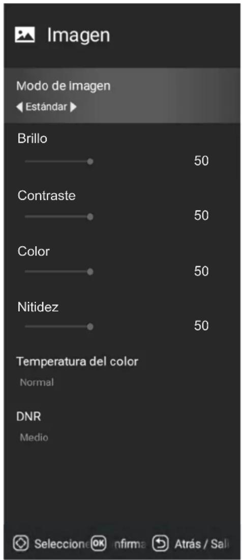 Imagen Modo de imagen Estándar Brillo 50 Contraste 50 Color 50 Nitidez 50 Temperatura del color Normal DNR Medio