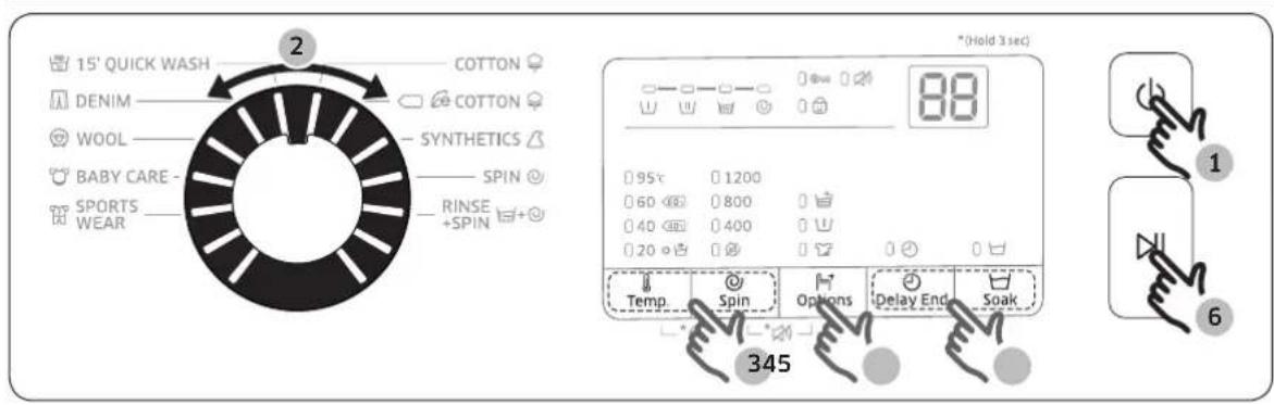 15' QUICK WASH COTTON DENIM COTTON WOOL SYNTHETICS BABY CARE - SPIN SPORTS WEAR RINSE +SPIN *(Hold 3 sec) 95℃ 1200 60 800 40 400 20 0 0 Temp. Spin Options Delay End Soak 345