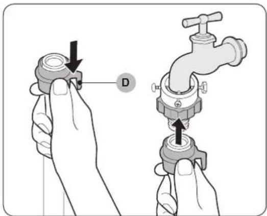 Diagram showing two hands adjusting a valve component with directional arrows and label D