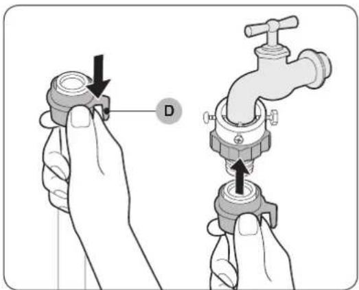 Diagram showing two hands adjusting a faucet valve, with arrows indicating the process and label 'D' pointing to the valve.