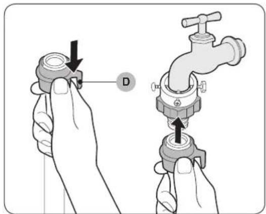 Diagram showing two hands adjusting a valve component with directional arrows and label D