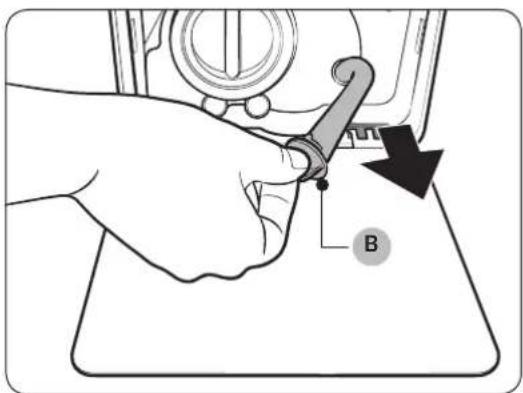 Diagram showing a hand holding a tool with label B and an arrow indicating direction, likely illustrating a mechanical or electrical component.
