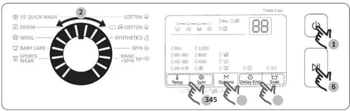 15' QUICK WASH DENIM WOOL BABY CARE - SPORTS WEAR COTTON COTTON SYNTHETICS SPIN RINSE +SPIN * (Hold 3 sec) 95°C 60°C 40°C 20°C Temp. Spin Options Delay End Soak 345 1 6