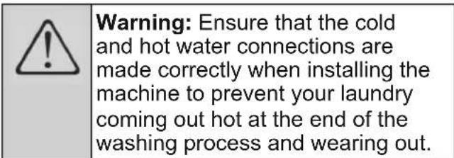Warning: Ensure that the cold and hot water connections are made correctly when installing the machine to prevent your laundry coming out hot at the end of the washing process and wearing out.