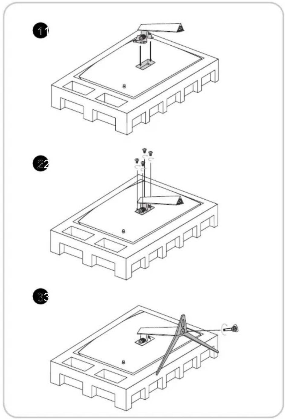 Technical diagram showing three sequential steps of a mechanical assembly with labeled components and motion indicators.