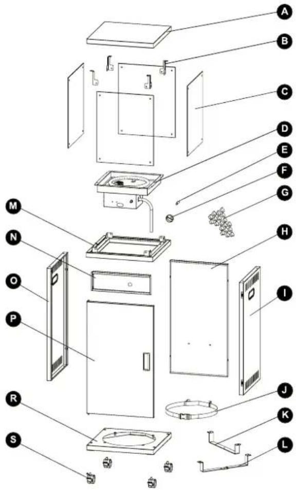 Exploded view diagram of a household appliance with labeled parts from main frame to exterior panel