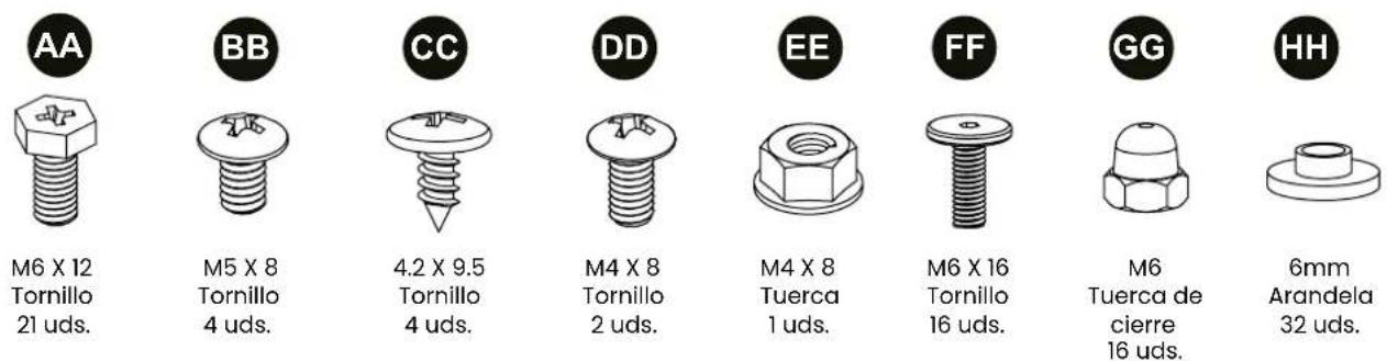 AA M6 X 12 Tornillo 21 uds. BB M5 X 8 Tornillo 4 uds. CC 4.2 X 9.5 Tornillo 4 uds. DD M4 X 8 Tornillo 2 uds. EE M4 X 8 Tuerca 1 uds. FF M6 X 16 Tornillo 16 uds. GG M6 Tuerca de cierre 16 uds. HH 6mm Arandela 32 uds.