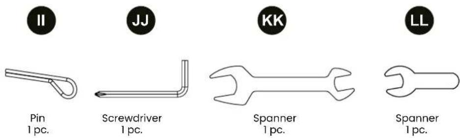 II JJ KK LL Pin 1 pc. Screwdriver 1 pc. Spanner 1 pc. Spanner 1 pc.