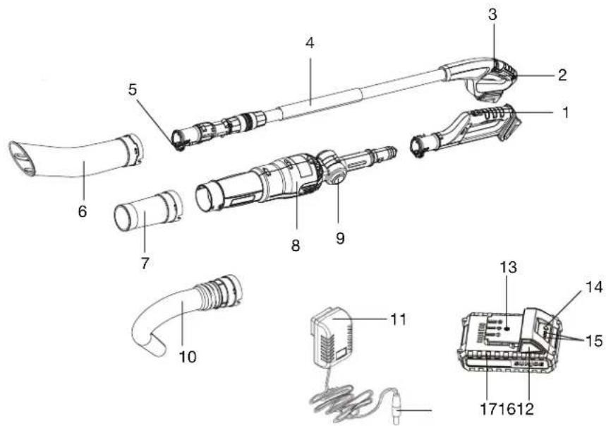 Exploded diagram of a hairless gun with numbered parts and labeled accessories