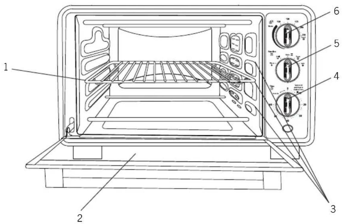 Technical diagram of a microwave oven with numbered parts labeled for identification.
