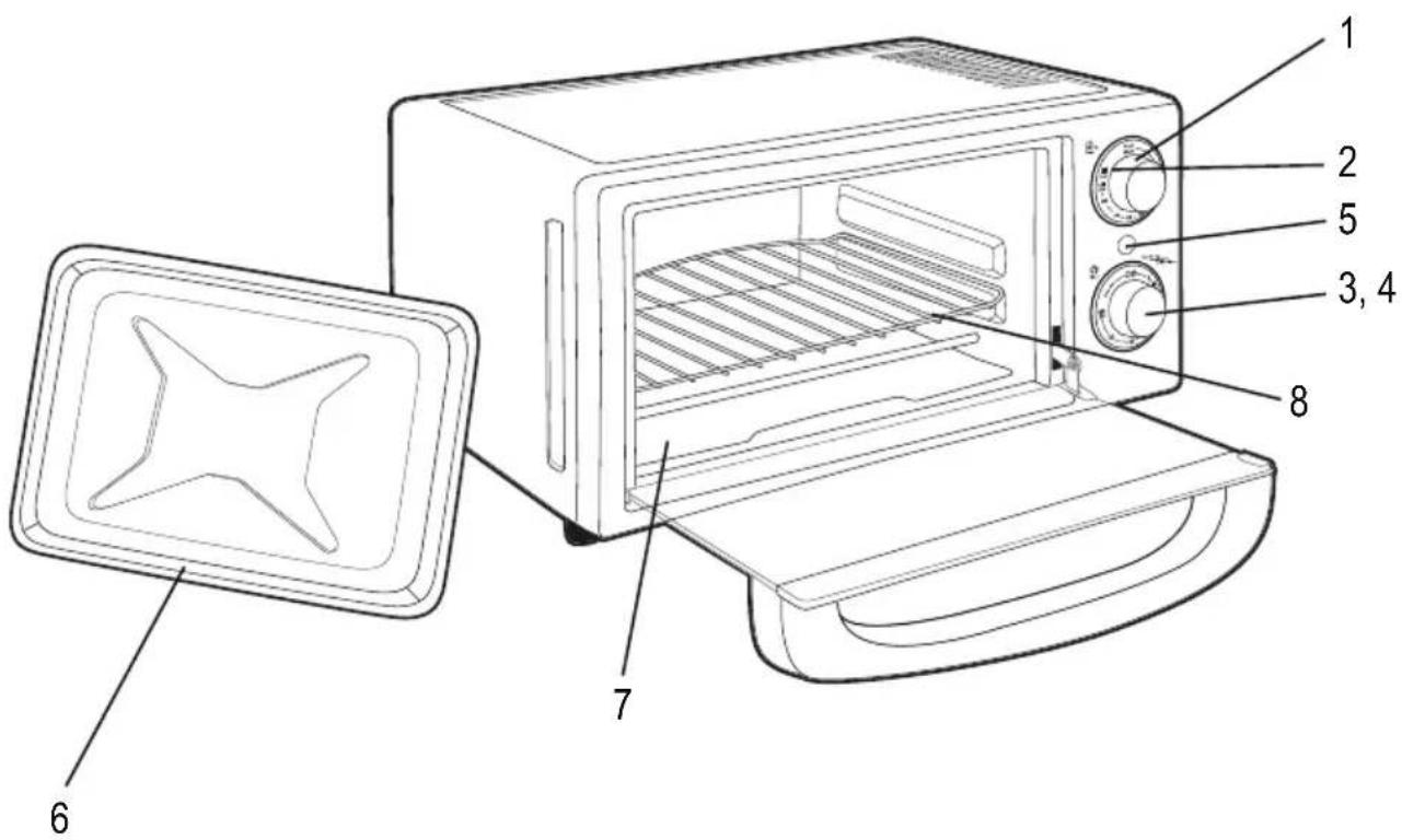 Labeled diagram of a microwave oven showing interior components and exterior view