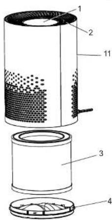 Technical diagram of a cylindrical device with numbered components, showing internal structure and assembly.