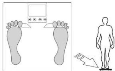 Diagram illustrating foot pressure measurement with a monitor and foot, alongside a human silhouette with a directional arrow indicating movement.