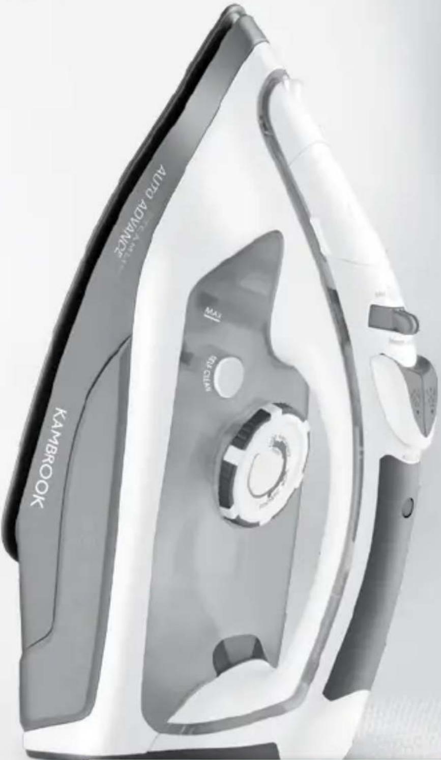 Close-up of a white steam iron with visible branding and control buttons (no text-heavy elements)