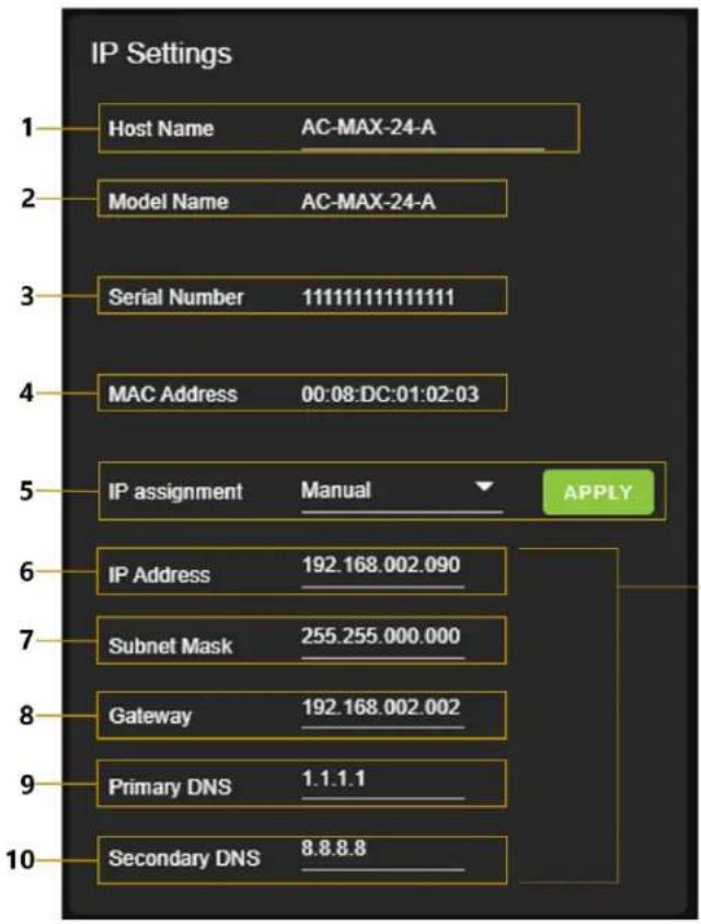 IP Settings 1 Host Name AC-MAX-24-A 2 Modelo Name AC-MAX-24-A 3 Serial Number 111111111111111 4 MAC Address 00:08:DC:01:02:03 5 IP assignment Manual APPLY 6 IP Address 192.168.002.090 7 Subnet Mask 255.255.000.000 8 Gateway 192.168.002.002 9 Primary DNS 1.1.1.1 10 Secondary DNS 8.8.8.8