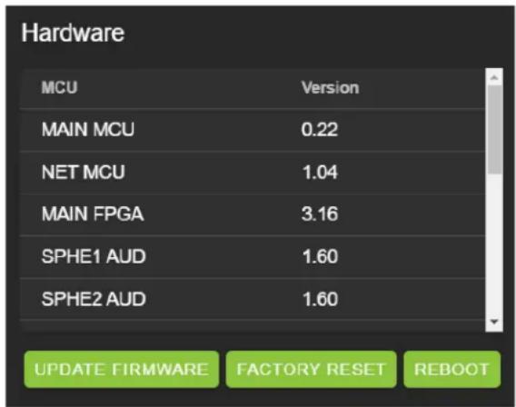 Hardware MCU Version MAIN MCU 0.22 NET MCU 1.04 MAIN FPGA 3.16 SPHE1 AUD 1.60 SPHE2 AUD 1.60 UPDATE FIRMWARE FACTORY RESET REBOOT