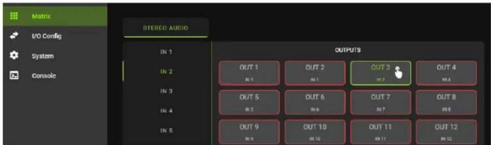 Matrix I/O Config System Console STEREO AUDIO IN 1 IN 2 IN 3 IN 4 IN 5 OUTPUTS OUT 1 IN 1 OUT 2 IN 1 OUT 3 IN 2 OUT 4 IN 4 OUT 5 IN 5 OUT 6 IN 6 OUT 7 IN 7 OUT 8 IN 8 OUT 9 IN 9 OUT 10 IN 10 OUT 11 IN 11 OUT 12 IN 12