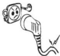 Cartoon illustration of an electric plug with a sad face and warning symbol (no text or labels)
