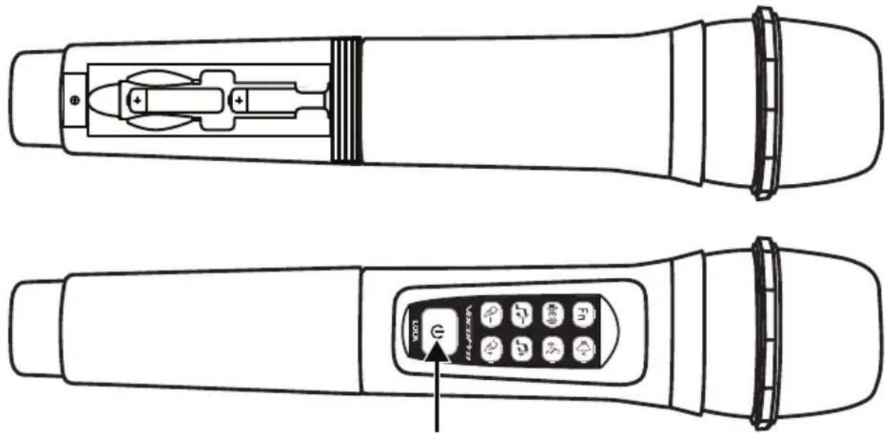 Technical diagram of a remote control device with labeled buttons and ports, showing top and side views.