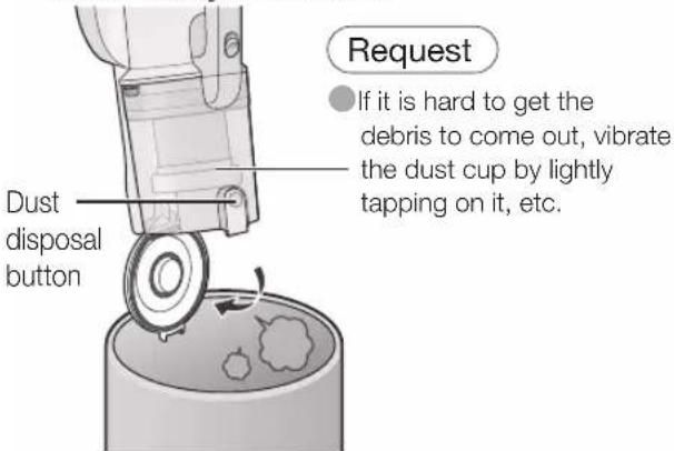 Request If it is hard to get the debris to come out, vibrate the dust cup by lightly tapping on it, etc. Dust disposal button