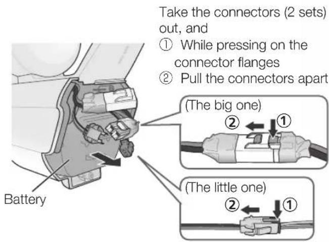 Take the connectors (2 sets) out, and ① While pressing on the connector flanges ② Pull the connectors apart Battery (The big one) ② ← ① (The little one) ② ← ①