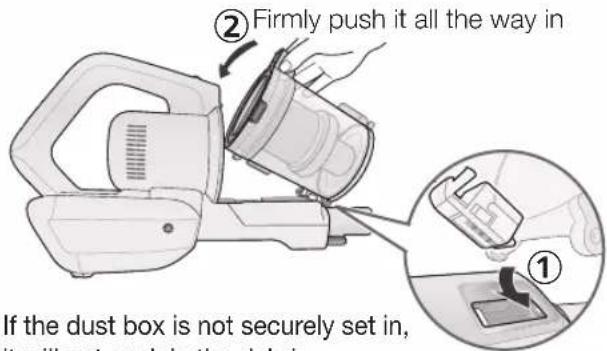 ② Firmly push it all the way in If the dust box is not securely set in, it will not push in the debris