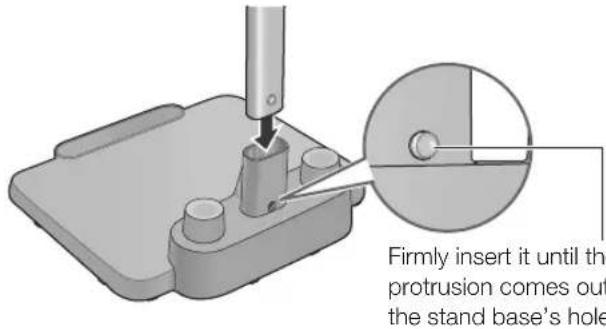 Firmly insert it until the protrusion comes out the stand base's hole