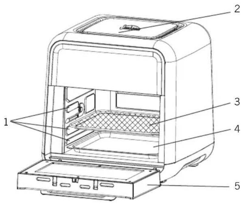 Technical diagram of a microwave oven with numbered parts labeled 1 to 5