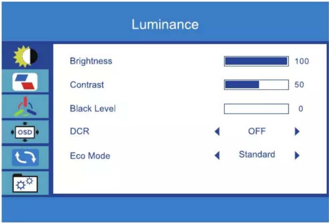 Luminance Brightness 100 Contrast 50 Black Level 0 DCR OFF Eco Mode Standard