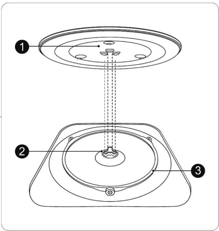 Technical diagram of a mechanical assembly with three labeled components and concentric circular features